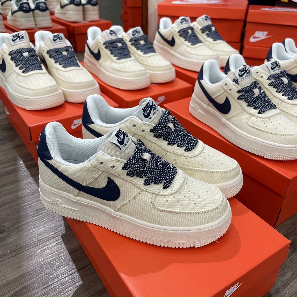 Giày Thể Thao Air Force 1 Canvas Navy Nam Nữ Tích Xanh Mới, Giày Sneaker AF1 Màu Be Tích Xanh Đầy Đủ Phụ Kiện