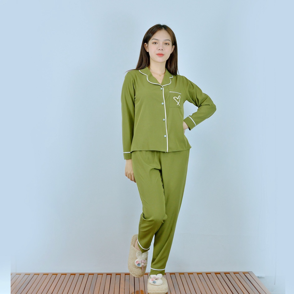 Bộ PIJIMA Nữ  màu RÊU  Chất Lụa Cao Cấp - Quần dài tay dài điểm nhấn in trái tim túi  - Nhẹ nhàng - Sang trọng