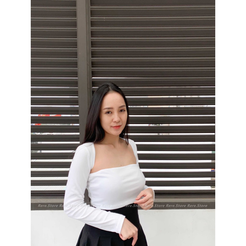 Áo Croptop Dài Tay Khoét Vai ⚡ Casper.Store | FREESHIP | ⚡ Áo thun hở bụng dáng ôm body sexy hở cổ gợi cảm màu trắng