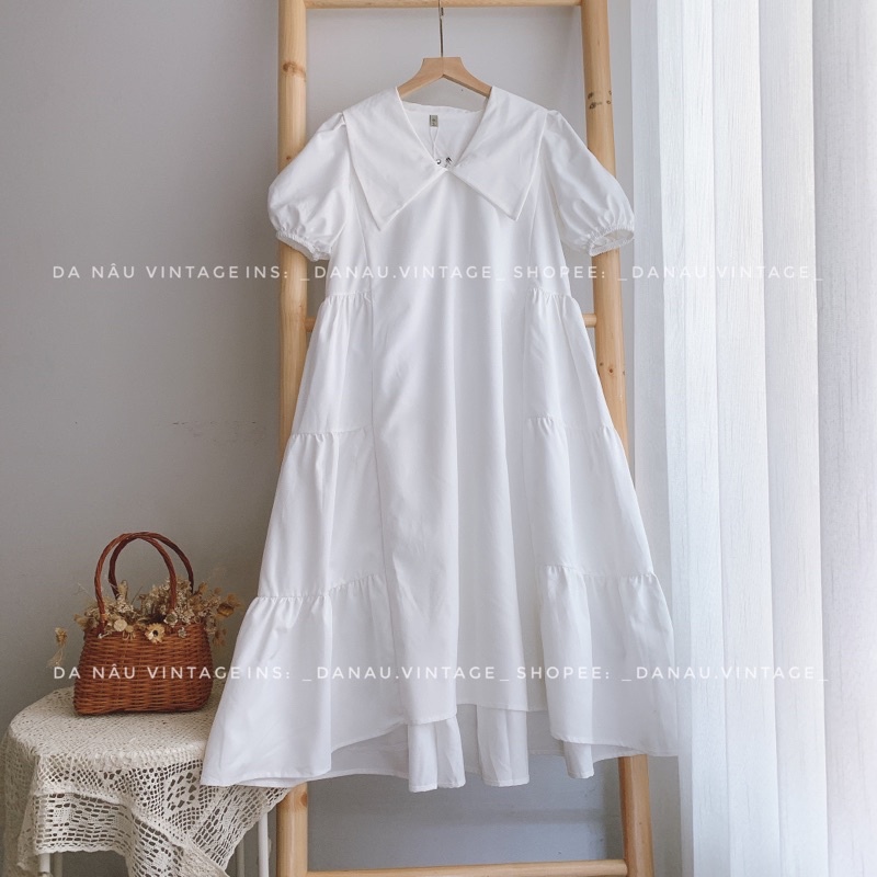 Đầm babydoll dáng dài cổ sen tay bồng
