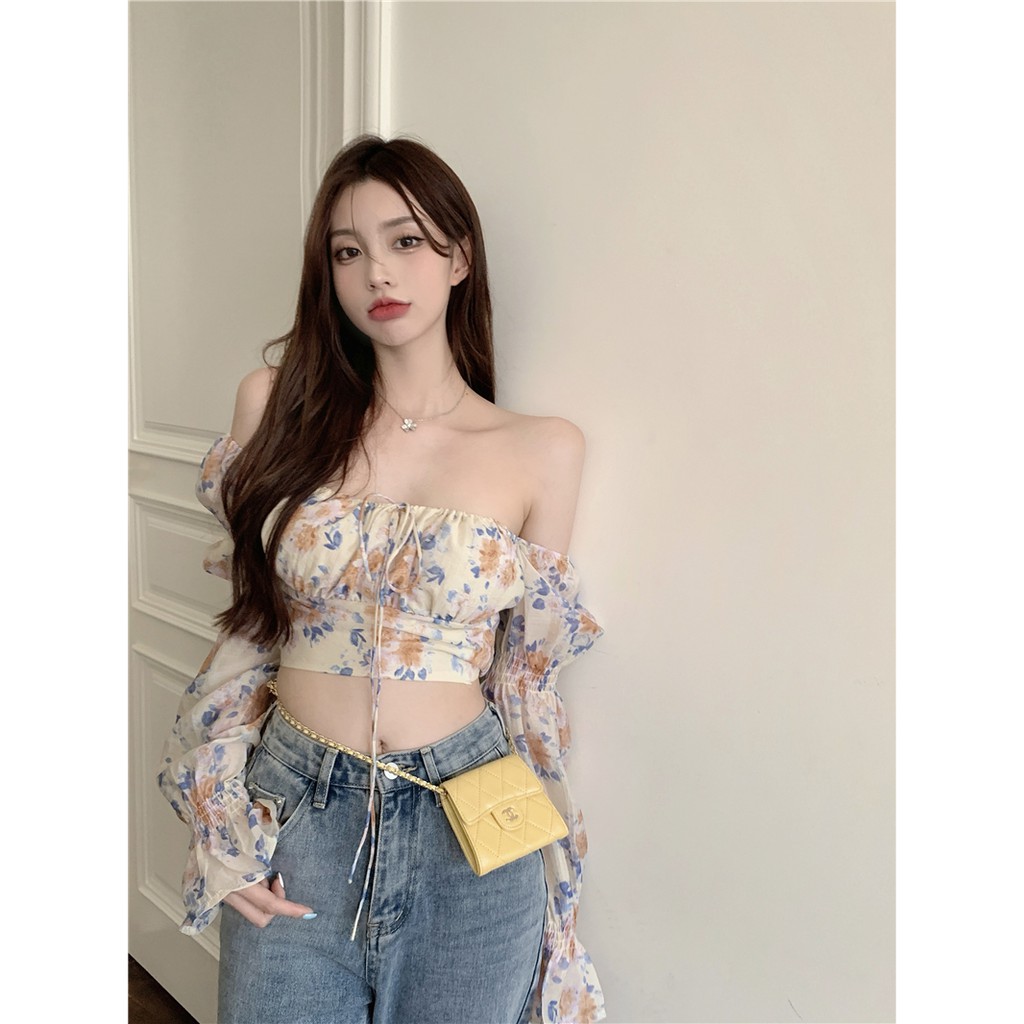 Cocory vn Áo croptop chất chiffon tay dài hoạ tiết hoa phong cách hàn quốc