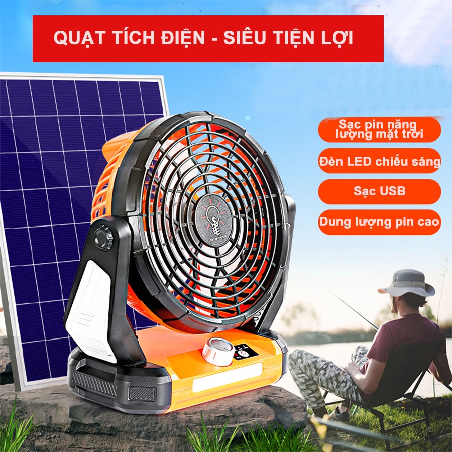 Quạt Sạc Tích Điện Mini Xoay Góc 270 Độ, Đèn LED Để Bàn, Cắm Trại Ngoài Trời - Có Thể Tích Điện Bằng Năng Lượng Mặt Trời