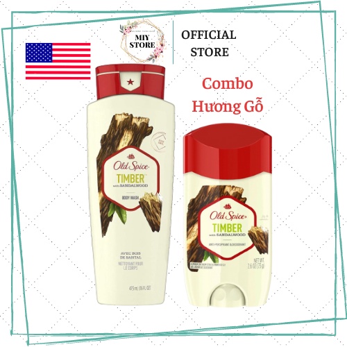 Combo Lăn khử mùi Old Spice Timber USA/Sữa tắm Old Spice hương gỗ dành cho nam 473ml-73g