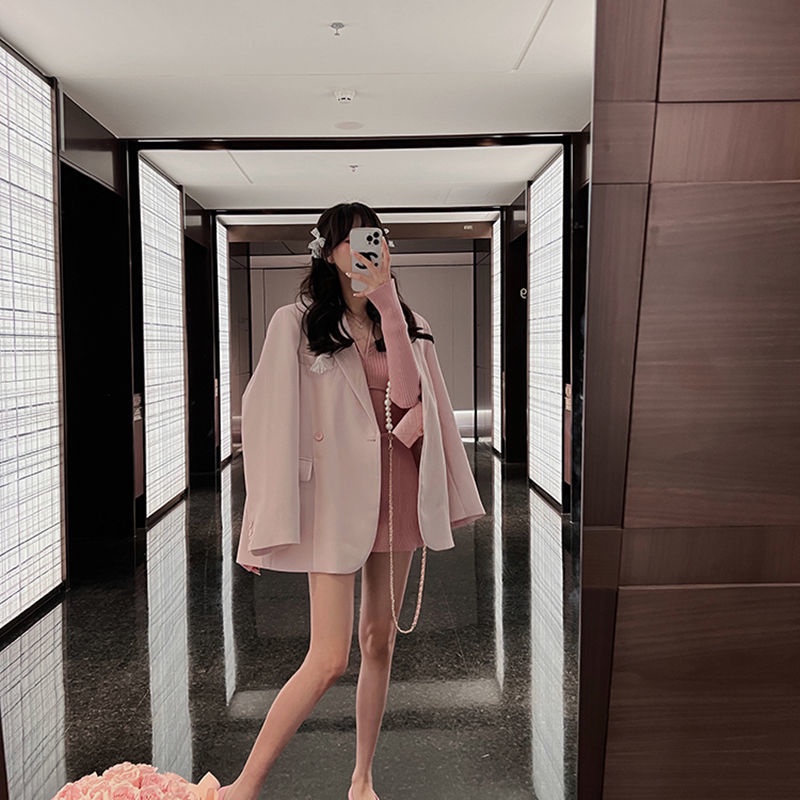 ﹉✠Áo Khoác Vest Hai Hàng Nút Cài Màu Hồng Phong Cách Anh Quốc Cao Cấp Thời Trang Xuân Thu 2022