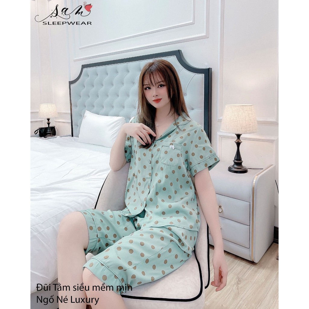 Đồ bộ nữ, Bộ pijama Đũi lạnh Sam 01 Tay Cộc Quần Lửng chấm bi to hàng thiết kế cao cấp