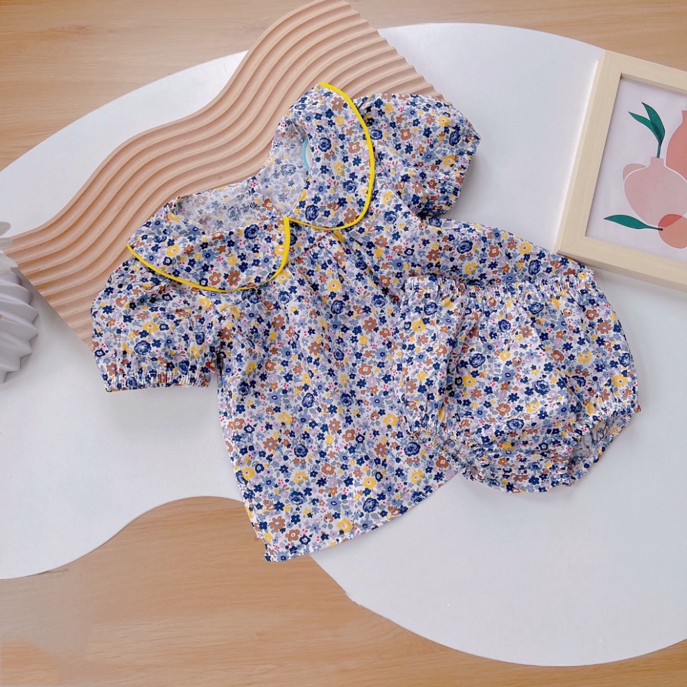 Bộ cộc tay bé gái, Bộ hoa nhí quần chip viền vàng bé gái