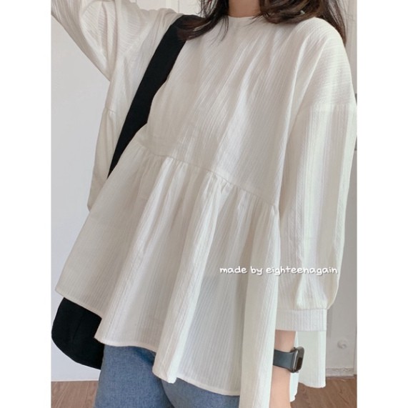 Áo sơ mi nữ babydoll buộc nơ sau - áo sơ mi  trắng tay lỡ babydoll phom thụng  thắt nơ sau , kiểu dáng hàn quốc