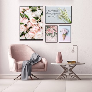Bộ 4 tranh canvas hoa mẫu đơn hồng dễ thương LIN291