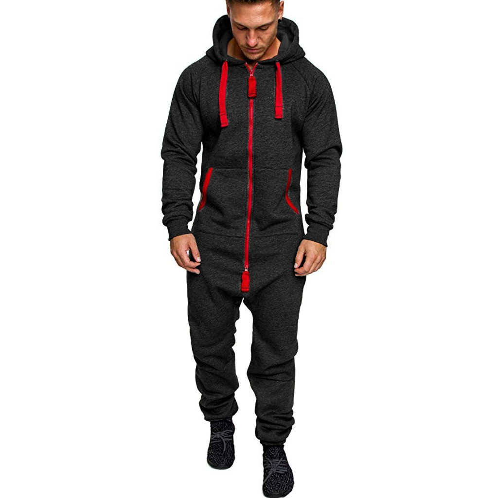 janesame_Men Pure Color Splicing Autumn Winter Casual Hoodie Print Zipper Print Jumpsuit