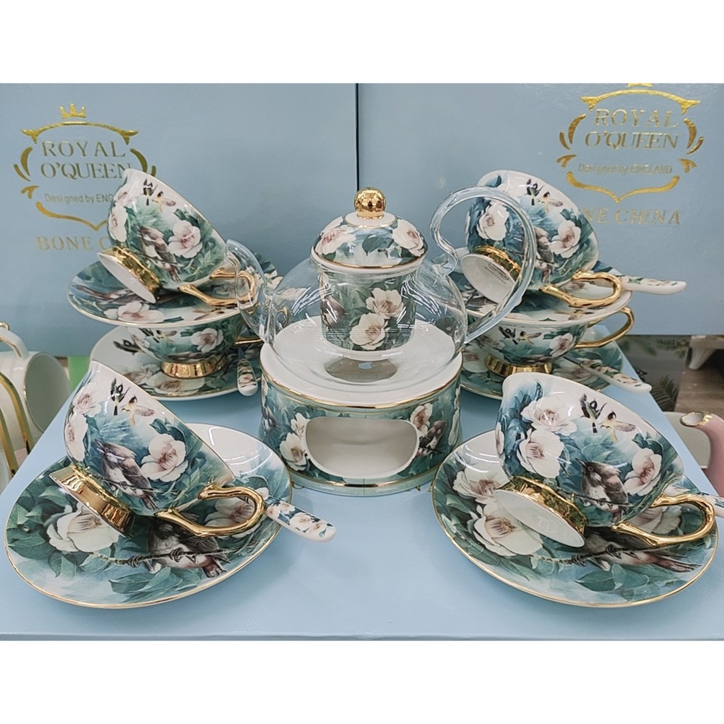 BỘ ẤM CHÉN SỨ XƯƠNG KÈM LÓT TÁCH + BẾP CHÂM TRÀ CHIM HOA XANH VIỀN VÀNG