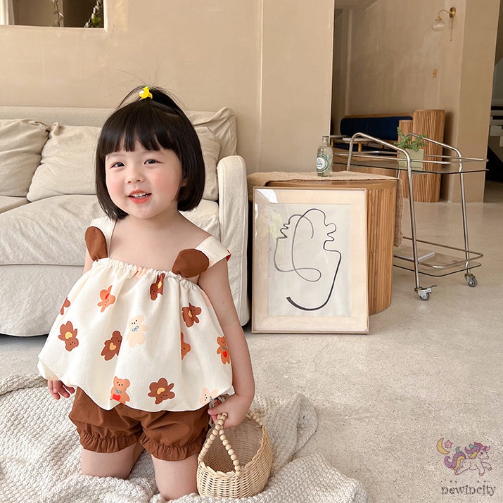 Bộ Áo Hai Dây In Họa Tiết Hoạt Hình + Quần Short Đơn Giản Dành Cho Bé Gái