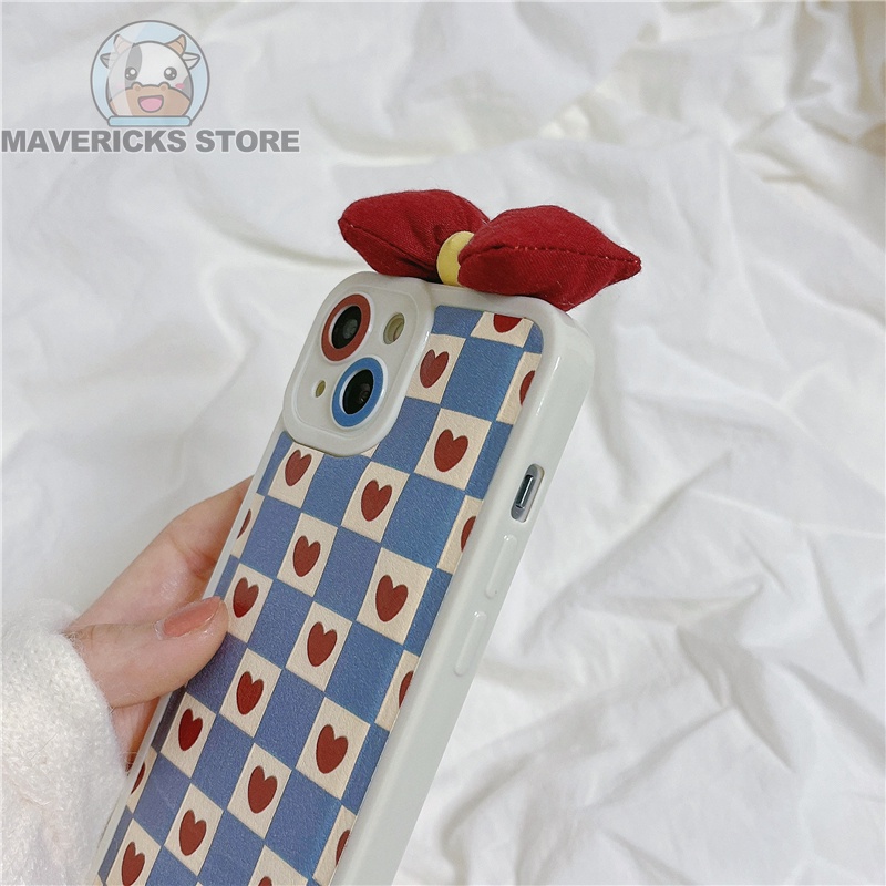 Ốp Điện Thoại Hình Trái Tim Thắt Nơ Sọc Caro Màu Đỏ Cho iPhone 12/11Pro Max X XS XR SE 13 7P 8plus