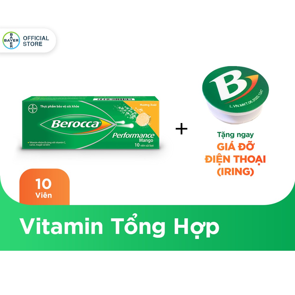 [Mã COSBAYER5 -10% đơn 199K] Viên sủi bổ sung Vitamin Berocca Performance Mango 10 Viên - Tặng 1 móc gắn điện thoại