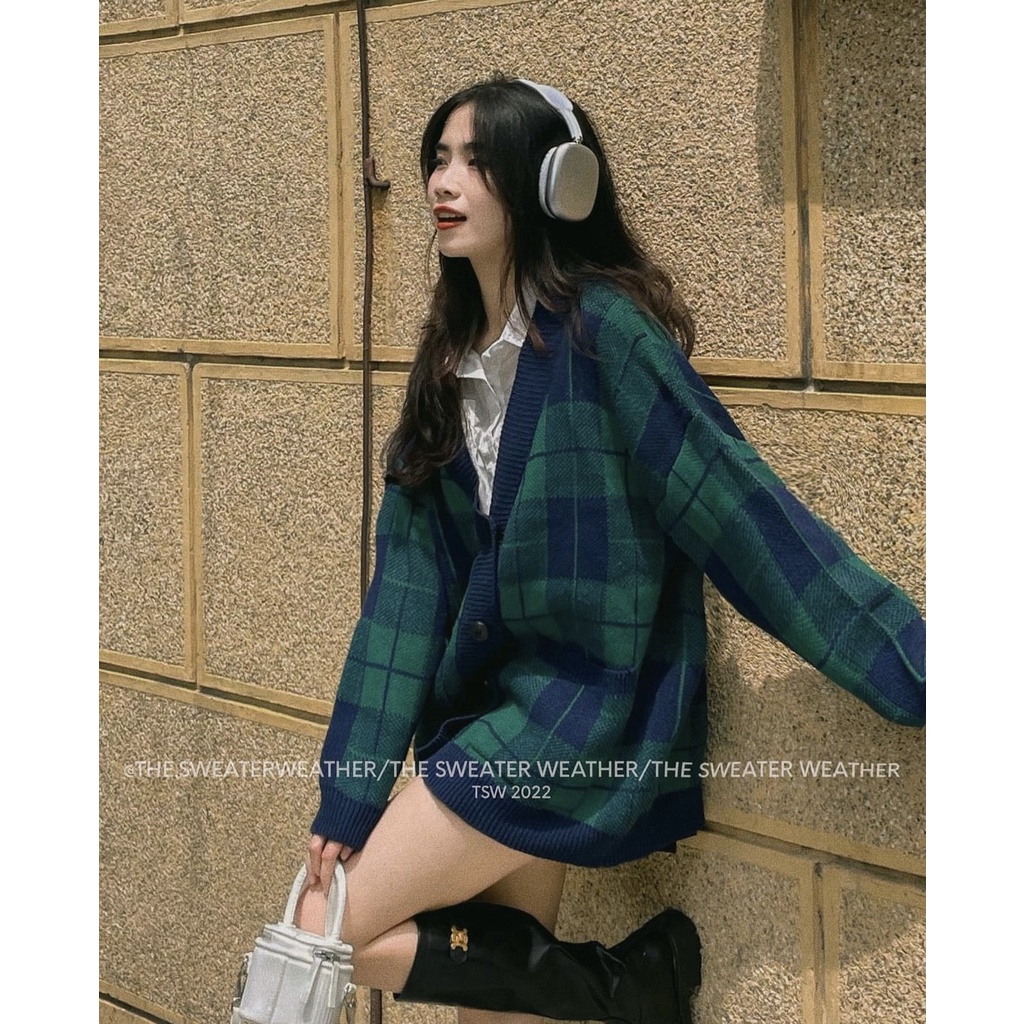 Áo khoác cadigan len mịn kẻ caro dày dặn dáng rộng 2 màu