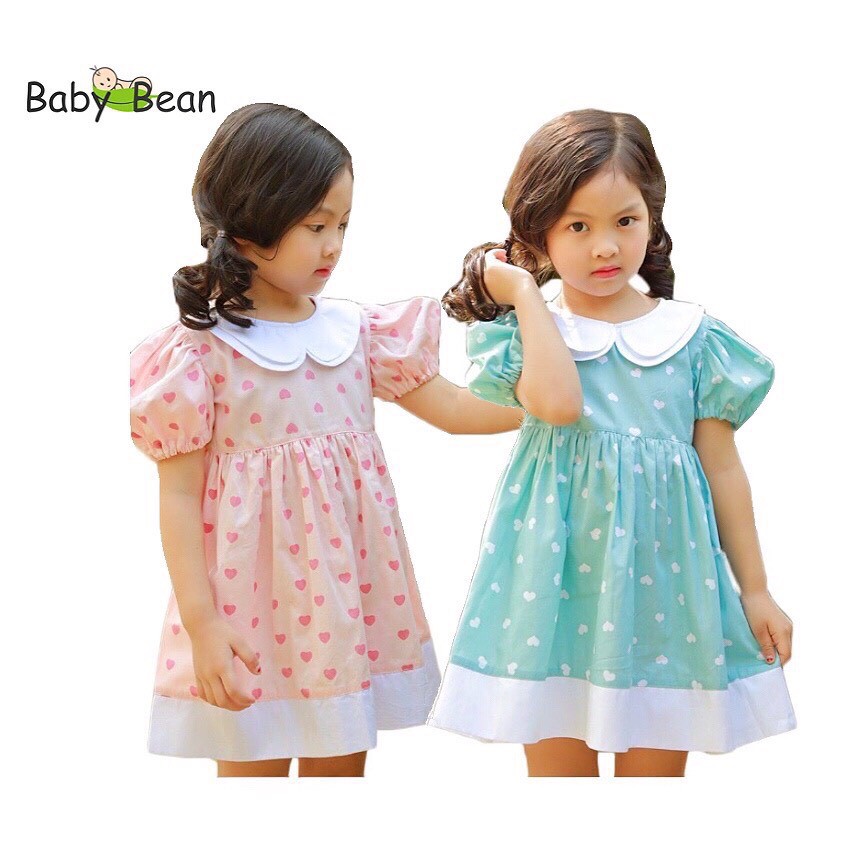 Đầm Cotton Cổ Sen 2 Lá Họa Tiết Trái Tim Bé Gái BabyBean