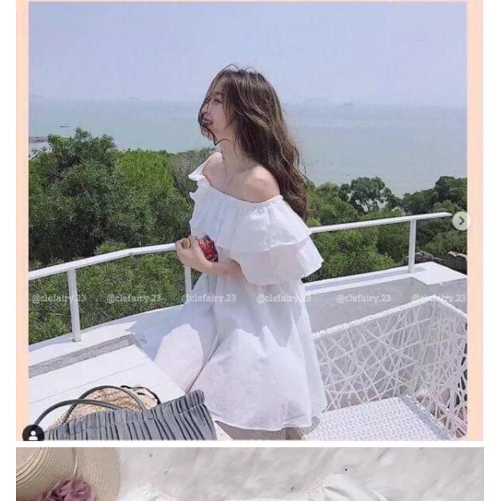 Đầm trễ vai TRẮNG, Đầm maxi, Đầm xòe nữ chất liệu voan chiffon cao cấp