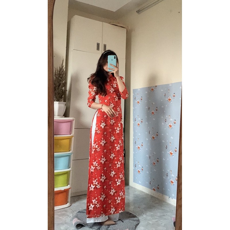 ÁO DÀI 4 TÀ HOA ĐỎ