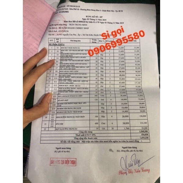 Kem Nanyno trắng da chống nắng đủ giấy hoá đơn