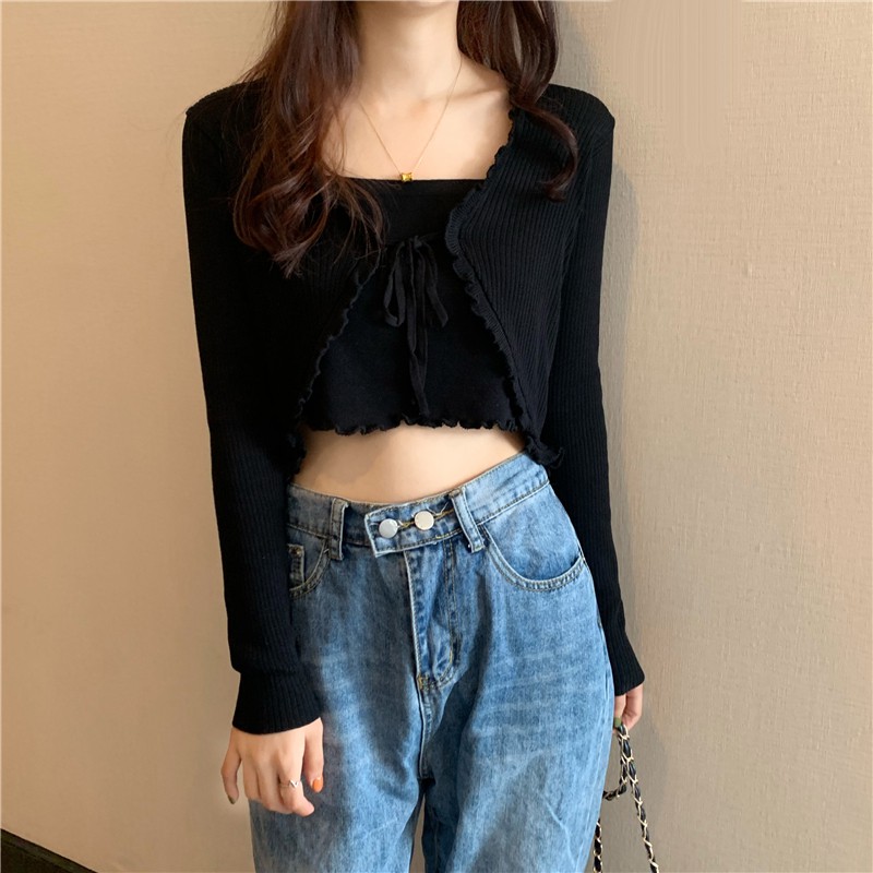 (ORDER) Áo cardigan buộc dây nơ trước ngực vạt sóng điệu đà giả áo len 2 mảnh