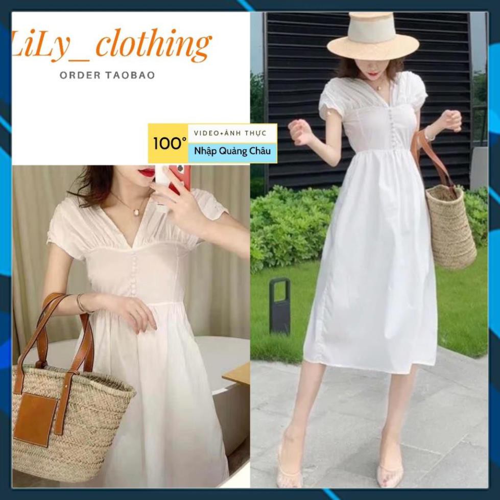 Đầm nữ dự tiệc trắng dáng xòe nhẹ nhàng nữ tính cúc bọc V99