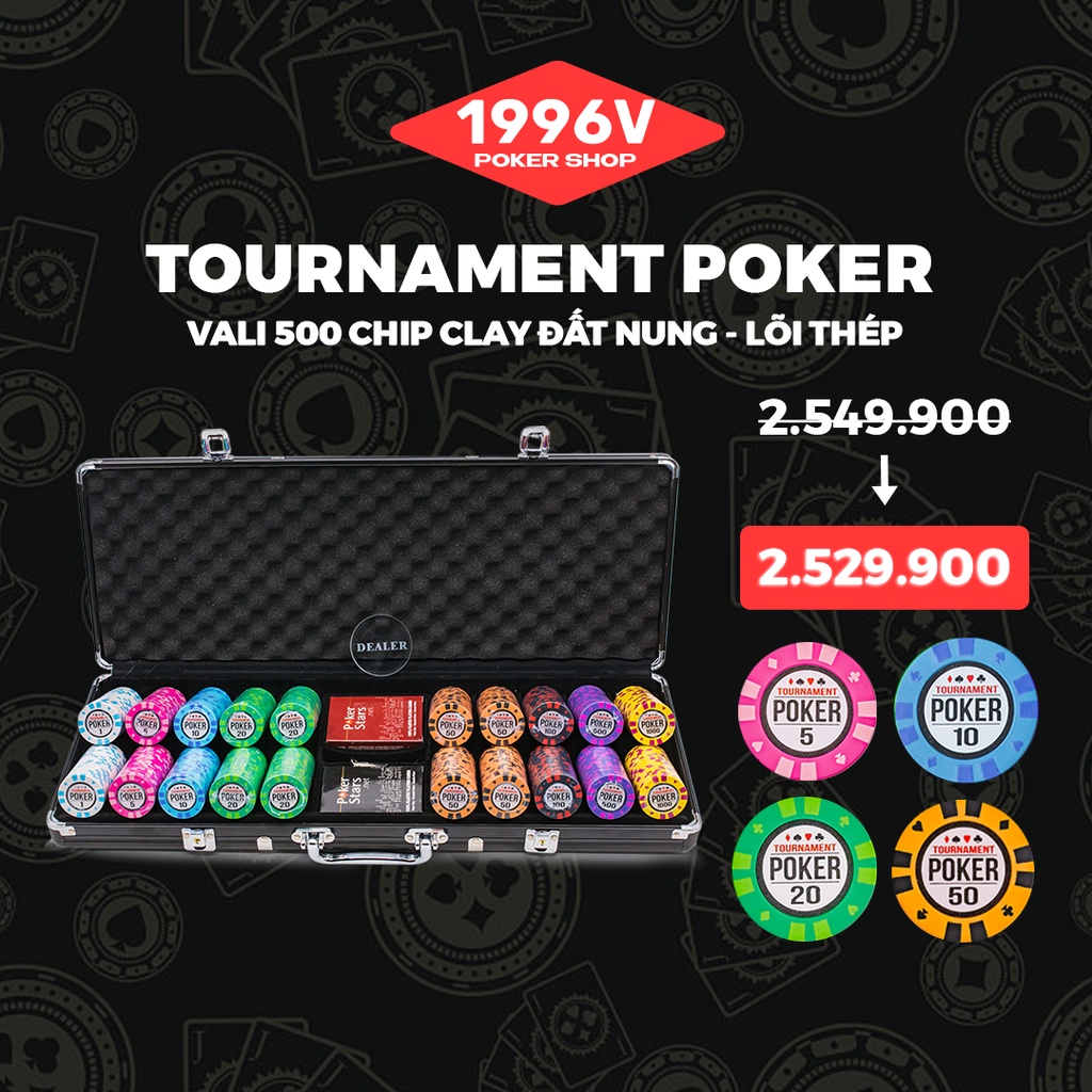 Vali 500 chip Poker có số, phỉnh Tournament Poker chip set Pocker đất nung - 1996V Poker Shop