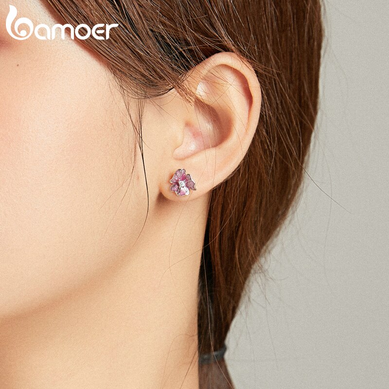 Khuyên tai xỏ BAMOER BSE471 bạc thật 925 hình hoa nở tráng men thích hợp làm trang sức đính hôn / quà tặng cho nữ