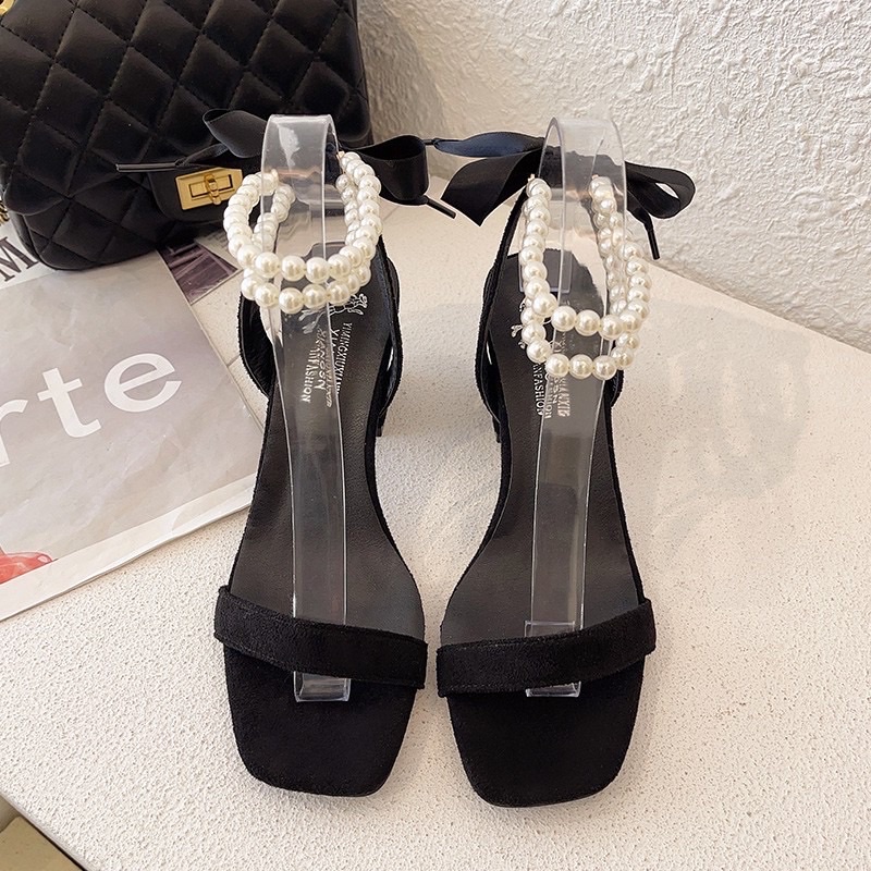 Giày sandal, giày cao gót cột nơ quai ngang đính ngọc buộc nơ tiểu thư cho nữ