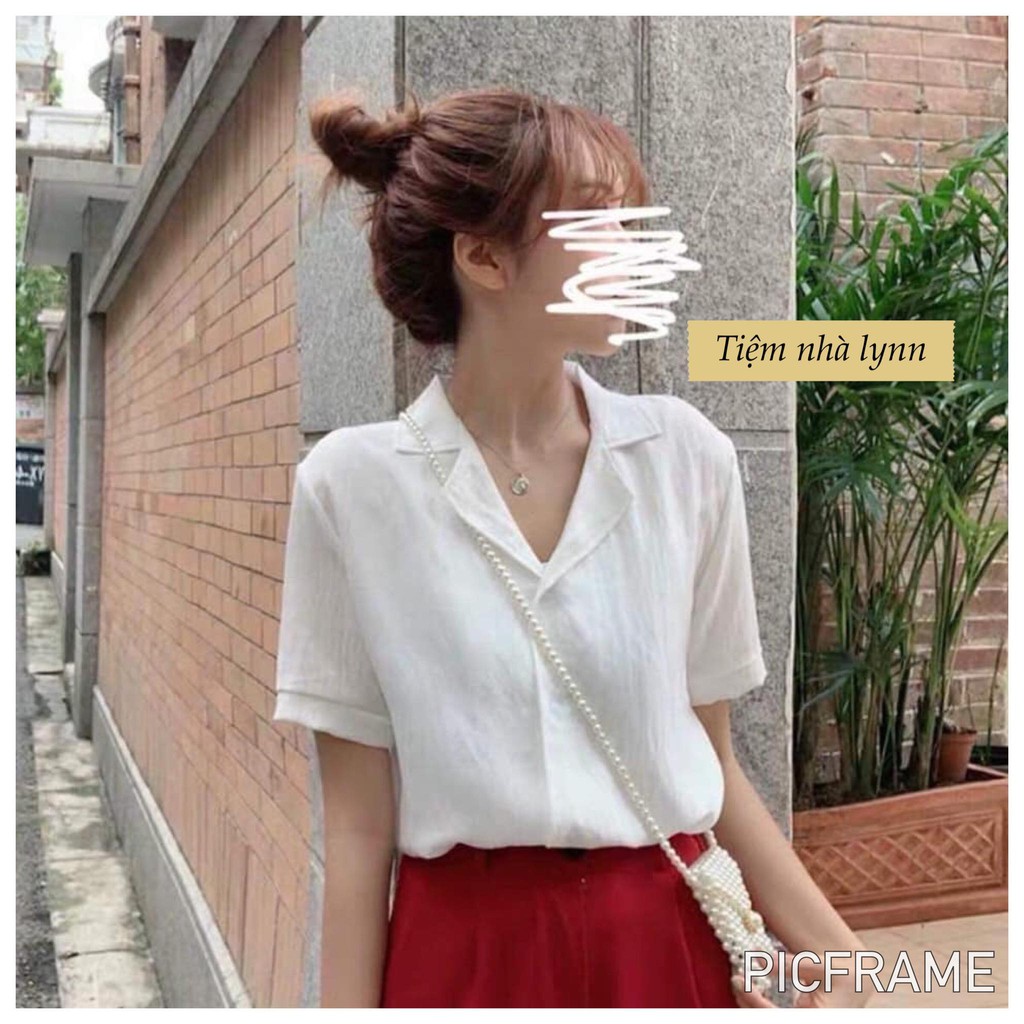 Áo sơ mi trắng/be đũi mát mẻ, sơ mi nữ cộc tay cổ bẻ