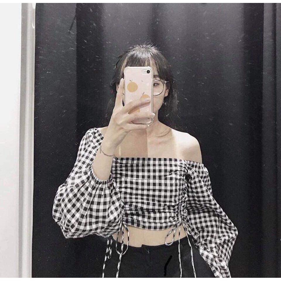 [Mã WASTUP24 giảm 10K đơn 50K] ÁO CROPTOP KẺ TRỄ VAI - ÁO CARO RÚT DÂY ULZZANG