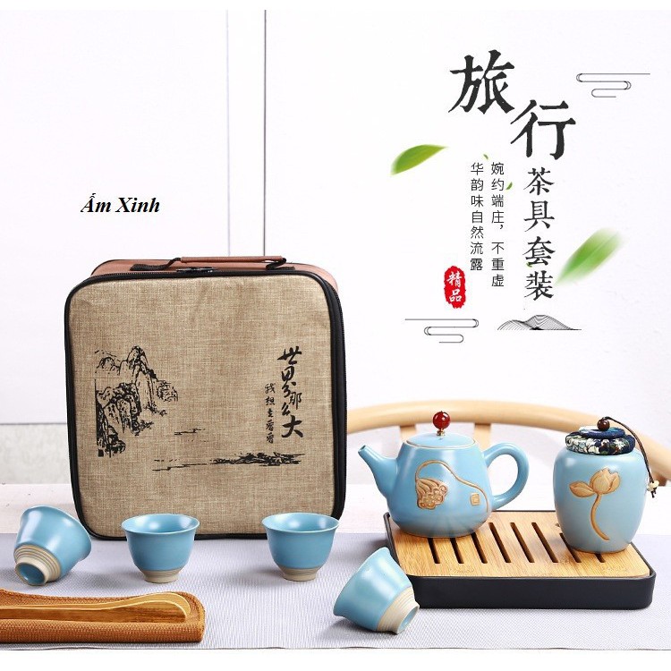 Bộ ấm chén pha trà bằng sứ kèm khay và túi du lịch (họa tiết hoa sen)