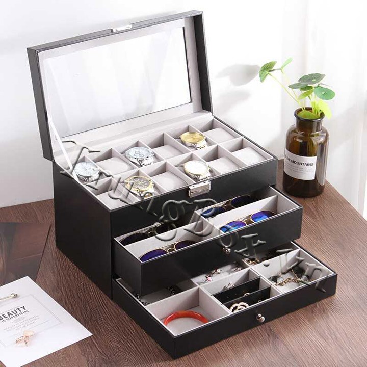Hộp Đựng Đồng Hồ Trang Sức và Kính Mát 3 Tầng Vỏ Da - Mã 622