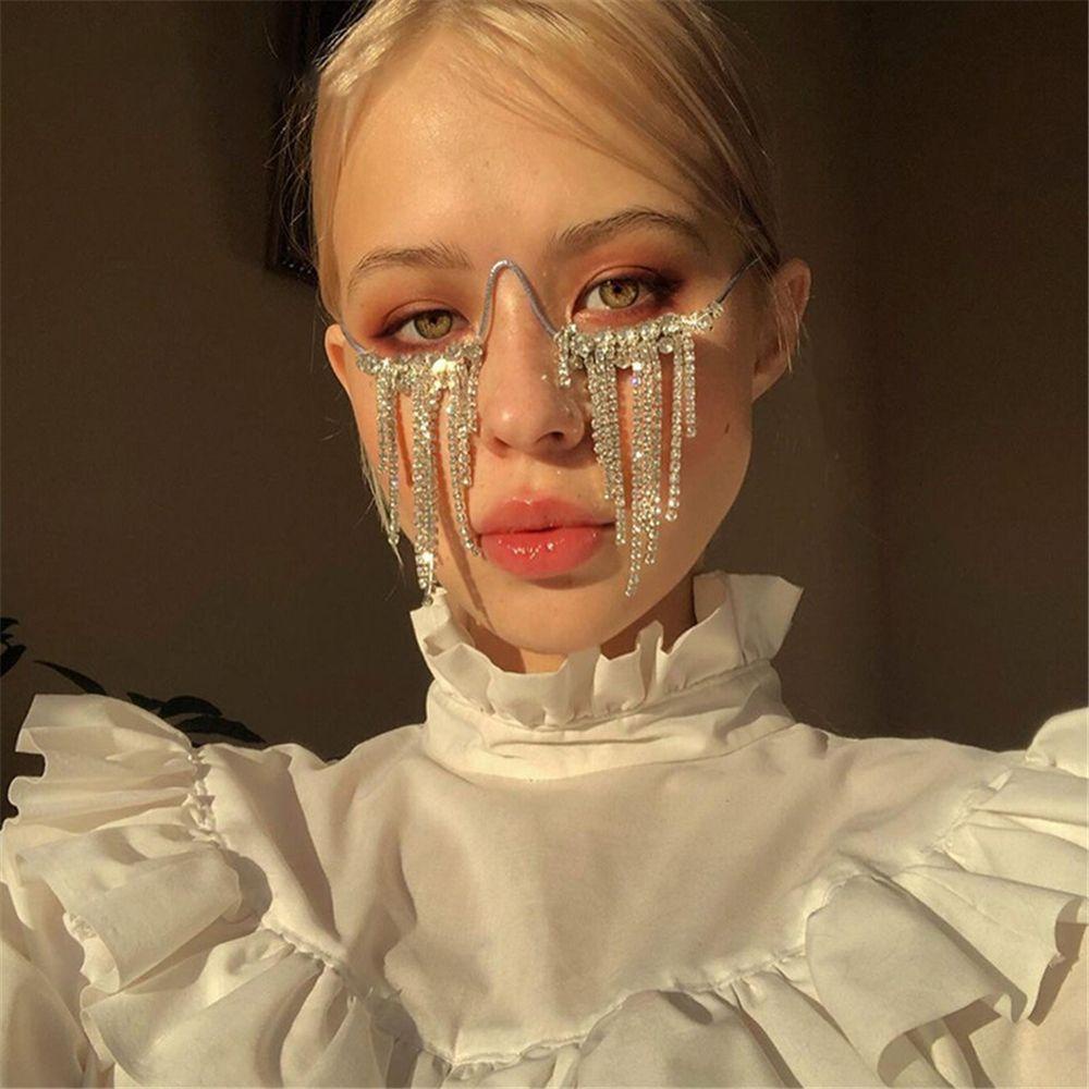 Kính Mát Không Gọng Đính Đá Phối Tua Rua Phong Cách Hip Hop Cho Nữ|Kính Mát Trang Trí Cổ Điển