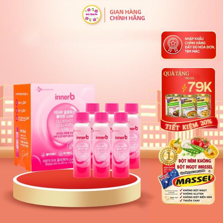 Hộp 6 chai nước uống bổ sung Collagen Vitamin C sáng da InnerB Glowshot 50ml - QT136