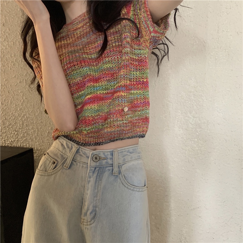 Áo Sweater Tay Ngắn Màu Sắc Cầu Vồng Thời Trang Mùa Xuân Dành Cho Nữ 49180