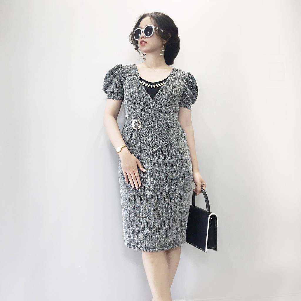 Đầm trung niên dáng ôm tay phồng, váy trung niên dáng peplum dự tiệc MS79 | BigBuy360 - bigbuy360.vn