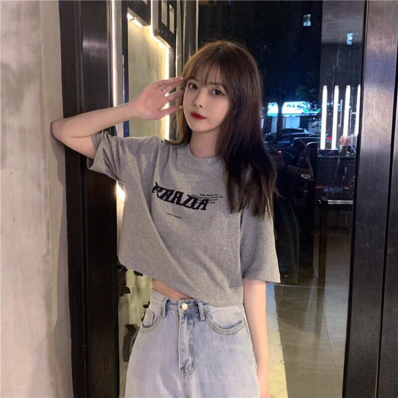 Áo Croptop Nữ, Áo Thun Croptop Form Rộng Tay Lỡ Màu Xám