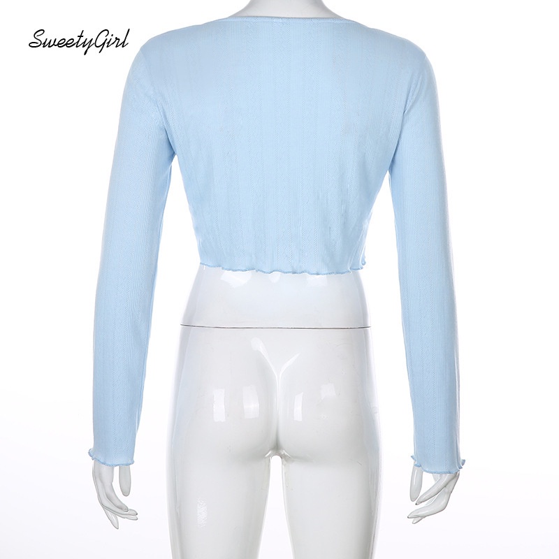 Áo Croptop Tay Dài Cổ Chữ V Cài Nút Màu Sắc Trơn Quyến Rũ Cho Nữ