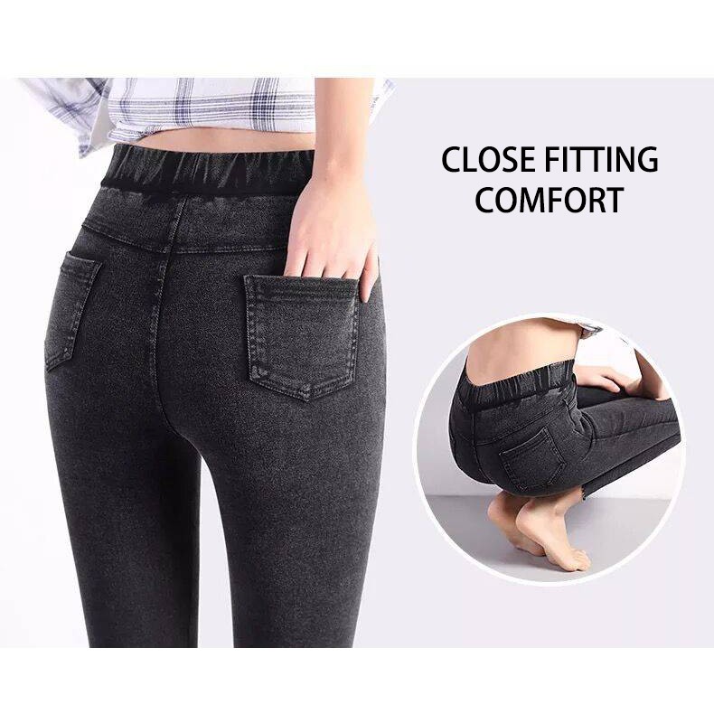 Women Elastic Legging Jeans Pocket Snowflake Black Skinny Pants | BigBuy360 - bigbuy360.vn