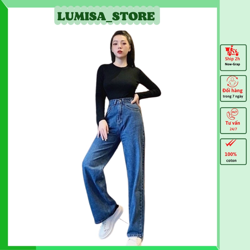 Quần jean nữ phong cách hàn quốc ống rộng cạp cao cá tính trẻ trung trơn LUMISA X012