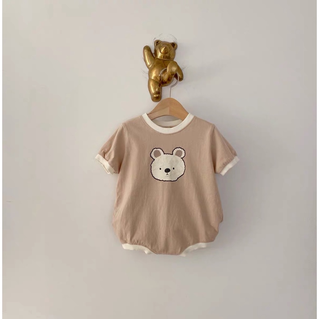 Bộ Áo Liền Quần Cotton Tay Ngắn In Hình Gấu Dễ Thương Cho Bé Sơ Sinh