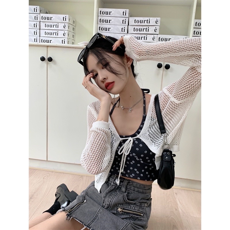 🍊Áo hai dây yếm thun họa tiết phối cardigan len lưới buộc ngực Ulzzang style🌸 Hàng Quảng Châu