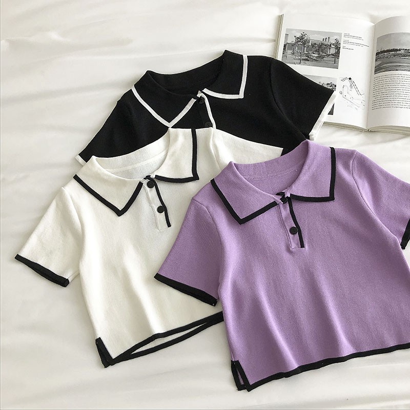 Áo croptop cổ bẻ sơ mi thun len dệt kim 3 màu Ulzzang