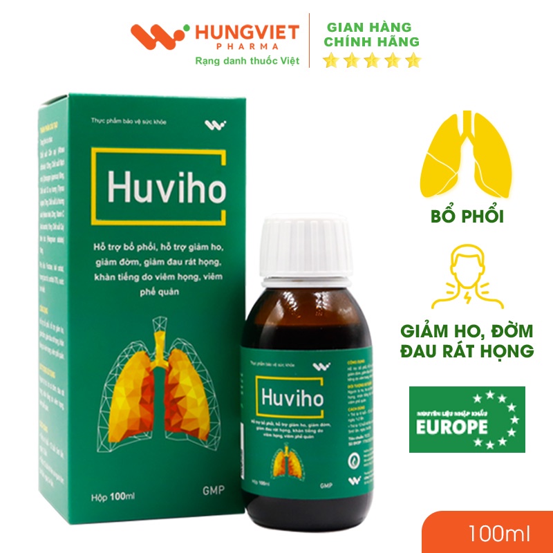 Siro ho Huviho - Hỗ trợ bổ phổi, giảm ho, giảm đờm, giảm đau rát họng do viêm họng, viêm phế quản HungViet Pharma 100ml