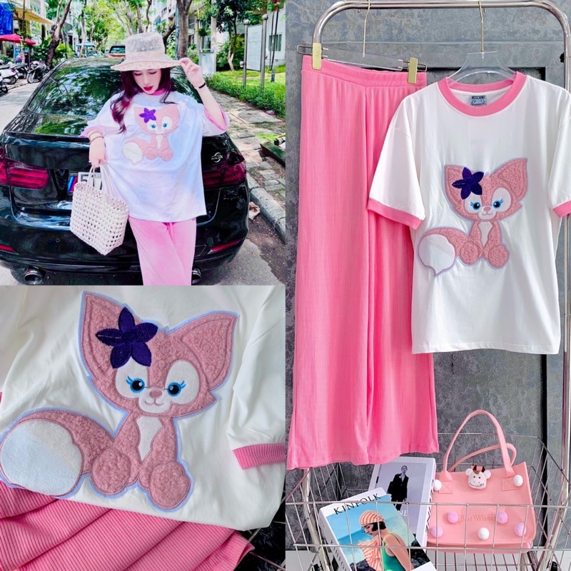Set áo cotton cáo hồng thêu phối viền tay quần suông gân hình thật L12