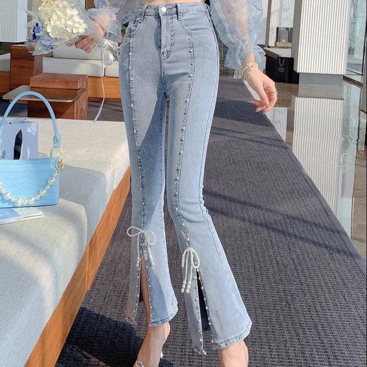 Micro-horn nine-cent jeans girls 2022 spring and summer new fashion Korean version of high-waist nail beads students show thin trend of elasticity