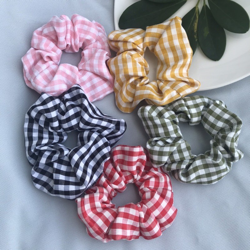 Dây buộc tóc Scrunchies vải caro in hoa Daisy