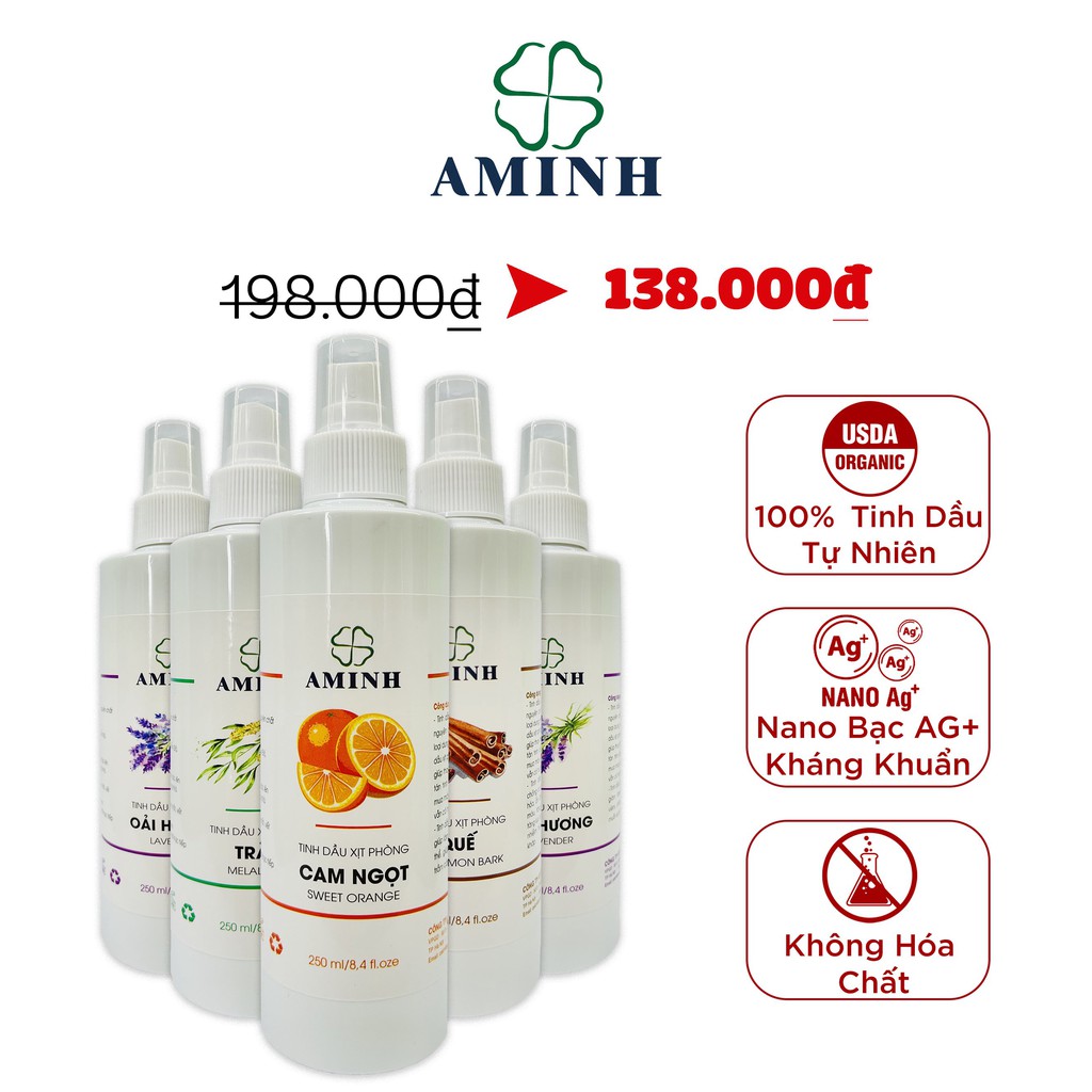 Chai Xịt Thơm Phòng Tinh Dầu  Aminh 250ML Xịt Phòng Khử Mùi Hôi, Kháng Khuẩn, Đuổi Muỗi, Côn Trùng, Thơm Phòng