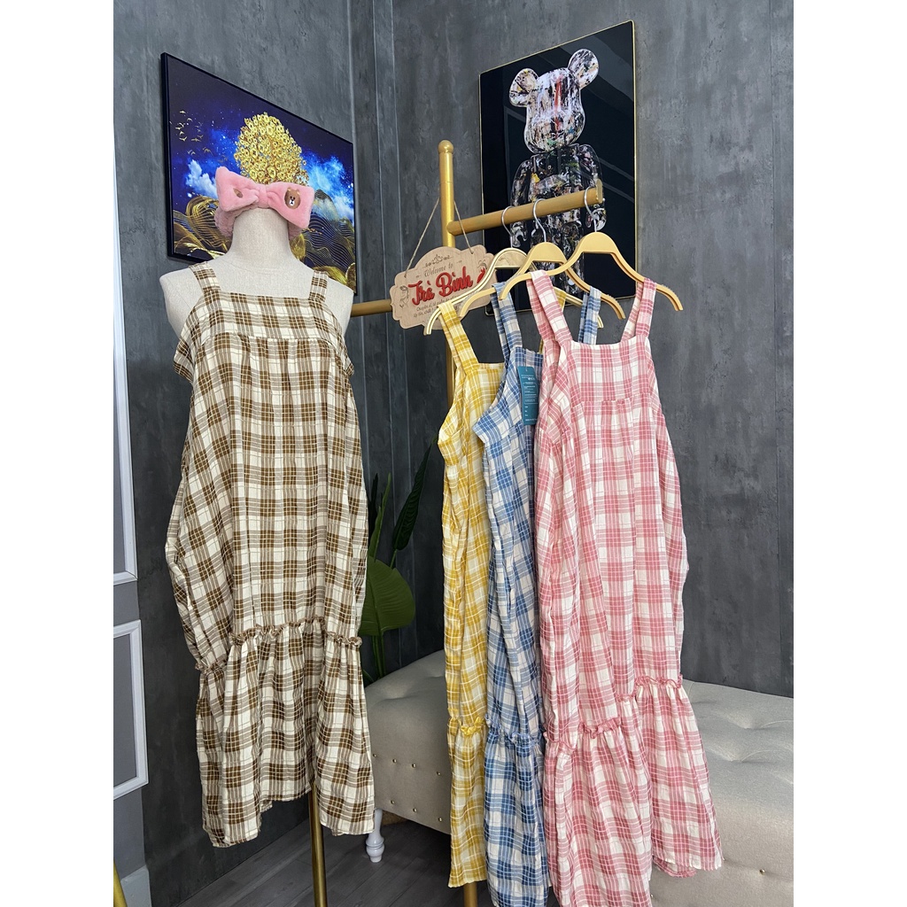 Váy hai dây babydoll dáng dài đuôi cá họa tiết kẻ caro 4 màu hottrend, đầm bầu hai dây kẻ caro dáng dài đuôi cá