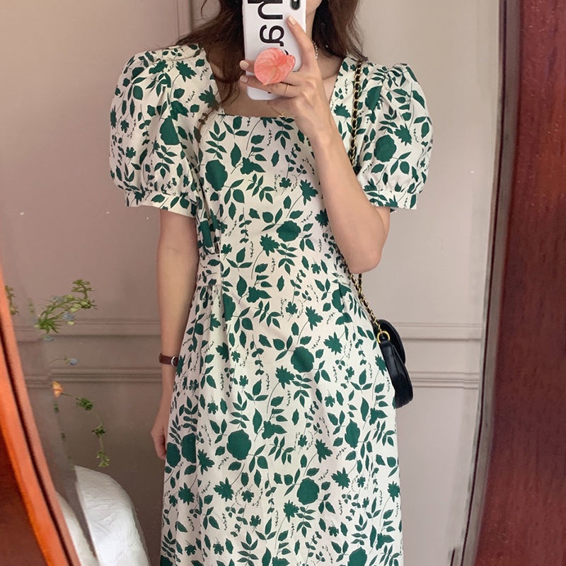 Đầm Hoa Tay Phồng Cổ Vuông Thời Trang Retro Hàn Quốc