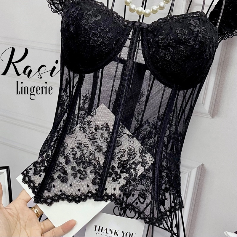 Áo lót nội y corset thiết kế hoạ tiết ren đen quyến rũ